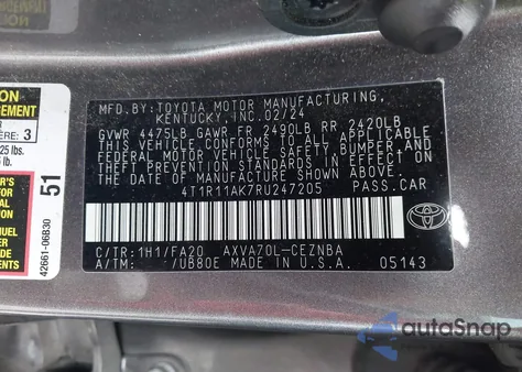 2024 Toyota Camry Le из США, поврежденный, VIN 4T1R11AK7RU247205